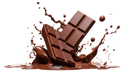 Delicious chocolate bar pieces falling into chocolate splash, cut out