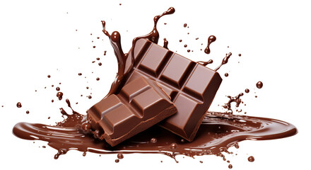 Delicious chocolate bar pieces falling into chocolate splash, cut out - obrazy, fototapety, plakaty