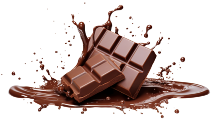 Delicious chocolate bar pieces falling into chocolate splash, cut out