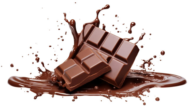 Delicious chocolate bar pieces falling into chocolate splash, cut out