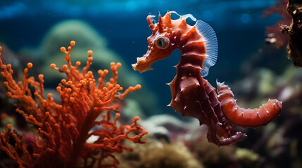 Red long-snouted seahorse - Hippocampus guttulatus. generative ai. - obrazy, fototapety, plakaty