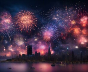 Fototapeta na wymiar Fireworks over the city at night. AI.