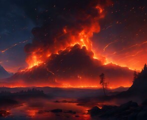 Volcanic eruption in the forest at sunset, 3d illustration. AI.