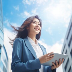 A Professional Woman in a Sophisticated Blue Suit, Confidently Holding a Tablet