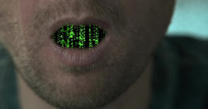 Open mouth with running green symbols, fill entire space, close-up, cyber world. Concept of digital world, computers, code symbols, programming language of description universe