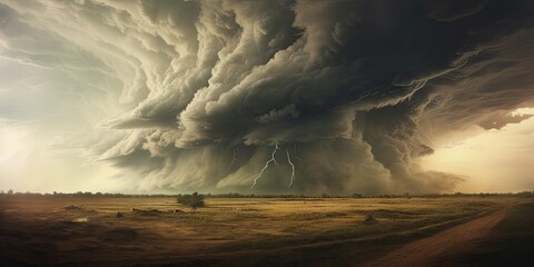Epic nature fury. Captivating storm landscape with dark sky thunderous clouds and dramatic lightning strikes perfect for conveying raw power and beauty of extreme weather in atmospheric scenes