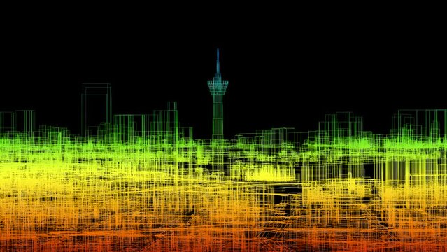 3d wireframe visualization of D&uuml;sseldorf, Germany, Tourism, Digital Topography, GSI data map, BIM, 3d Rendering, 3d Illustration