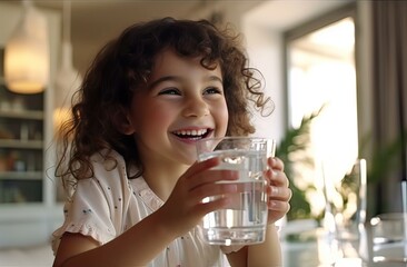 water day, beautiful happy girl drinking a glass of water to start the day in the kitchen - obrazy, fototapety, plakaty