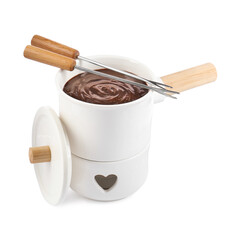 Fondue pot with melted chocolate and forks isolated on white