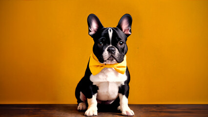 Portrait of a French bulldog on a yellow background