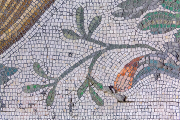 Plants and flower, close up fragment of ancient mosaic from Istanbul. Byzantine period, fragment of...