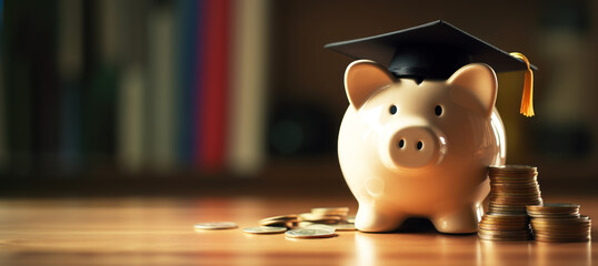Piggy bank student loan and affordable tuition and education concept. With copy space. - obrazy, fototapety, plakaty