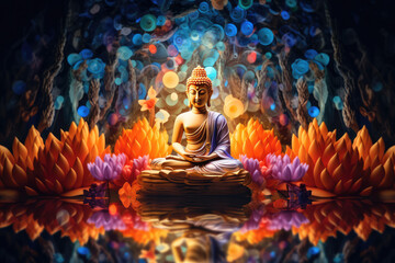 Glowing golden buddha with colorful paper cut flowers - obrazy, fototapety, plakaty