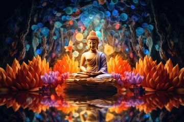 Tuinposter Glowing golden buddha with colorful paper cut flowers © Kien