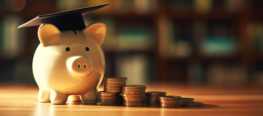 Piggy bank student loan and affordable tuition and education concept. With copy space. - obrazy, fototapety, plakaty