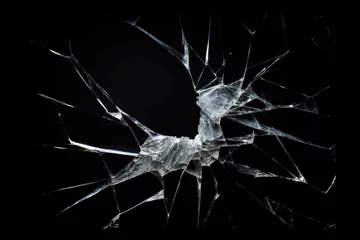 Fotobehang Image Of Glass Cracks With Small Illumination On A Black Background Created Using Artificial Intelligence © Damianius