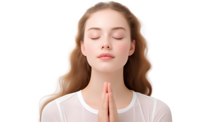 A relaxed teenage girl in a meditative pose, her eyes gently closed, gracefully isolated on a transparent background, Generative AI