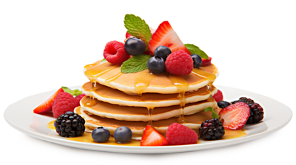 A plate filled with golden pancakes adorned with an assortment of fresh fruit isolated on a transparent background, Generative AI