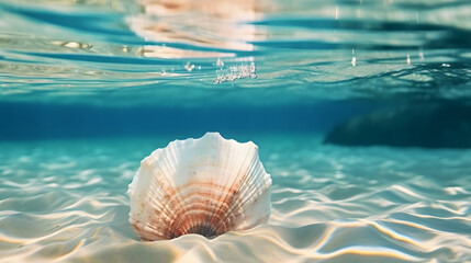 Fototapeta na wymiar Seashell on the summer beach in sea water. Underwater ocean background. generative ai.