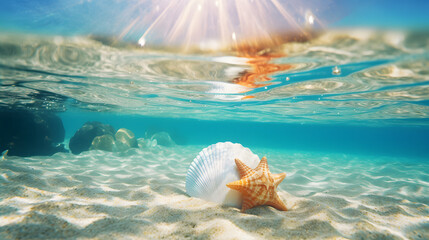 Obraz na płótnie Canvas Seashell on the summer beach in sea water. Underwater ocean background. generative ai.
