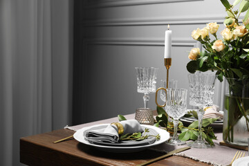 Beautiful table setting with floral decor indoors, space for text
