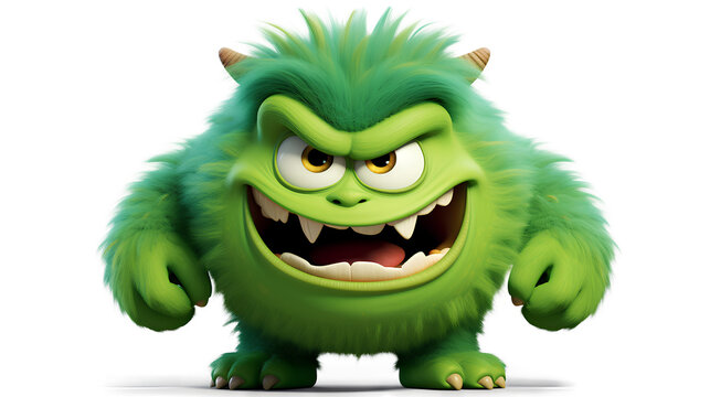 A cute yet angry green monster character with furrowed brows and a slight snarl isolated on a transparent background, Generative AI