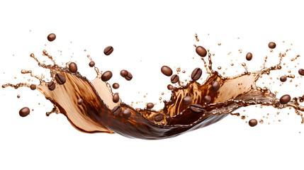 A dynamic coffee splash wave mid-air, coffee beans caught in the splash isolated on a transparent background, Generative AI
