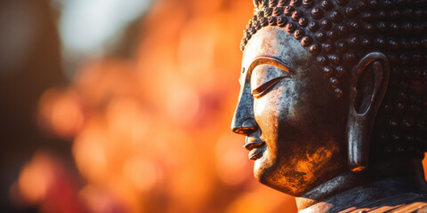 Buddha statue with blurred background and large space for text