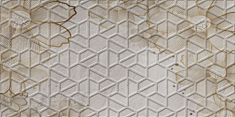 decorative structure 3d interior  wall, geometric floral golden background.
