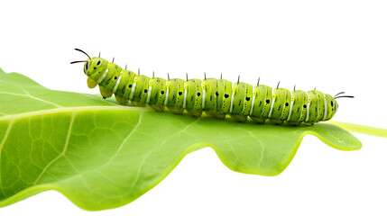 A green and yellow caterpillar peacefully crawling on a lush green leaf isolated on a transparent background, Generative AI