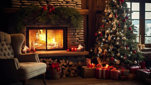 Christmas cozy interior with tree and fireplace