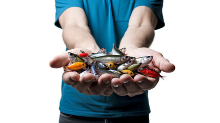 a person holding a collection of blue and black fish isolated on a transparent background, Generative AI