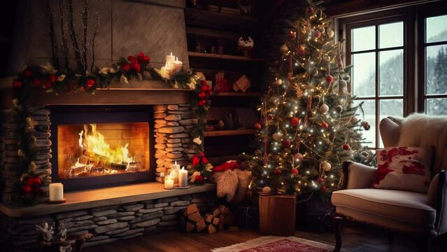 Christmas cozy interior with tree and fireplace