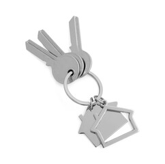 Keys with keychain in shape of house isolated on white, top view
