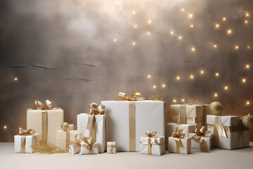 A set of gifts in New Year's packaging, festive mood. White gift wrapping with a satin ribbon bow....