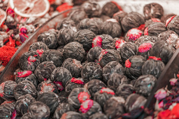 Jasmine herbal tee sold at Egypt Bazaar (Misir Carsisi) in Istanbul, Turkey (Turkiye). Dry jasmin blossoms. Selected focus, copy space, toning background
