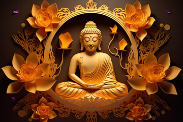 Glowing golden buddha with colorful paper cut flowers