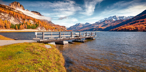 Panoramic wooden pier on Sils lake. Orange larch trees forest in Swiss Alps. Exciting autumn view of Switzerland, Europe. Beauty of nature concept background..