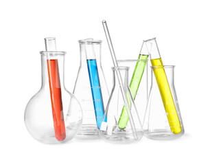 Glass flasks, beaker and test tubes with colorful liquids isolated on white