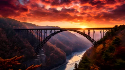 Wandcirkels aluminium Sunset at the New River Gorge Bridge in West Virginia. generative ai. © mfz