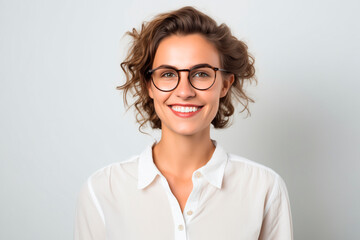 smiling European woman in her 30s. white background