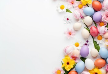 Fototapeta na wymiar Easter eggs, colorful flowers on pastel white background.