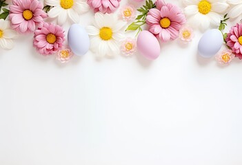Easter eggs, colorful flowers on pastel white background.