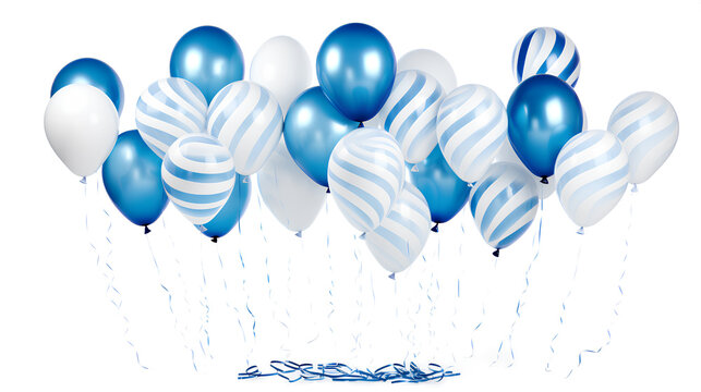 A vibrant collection of blue and white balloons isolated on a transparent background, Generative AI