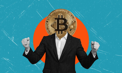 Exchange rates, stock quotes and business. Man in black suit with bitcoin sign instead of head.