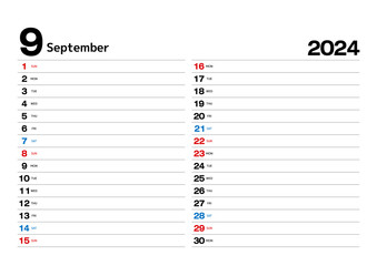 予定が書込みできる2024年のスケジュールカレンダー_09月