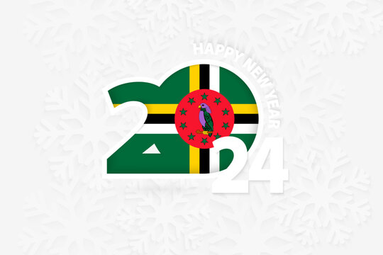 New Year 2024 for Dominica on snowflake background.