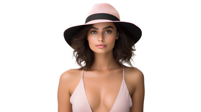 A woman stylishly adorned in a pink cami top and a chic black straw hat isolated on a transparent background, Generative AI