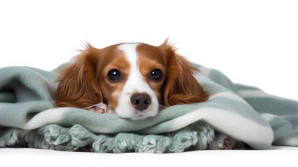 Adorable brown and white dog snuggled under a cozy green and white blanket isolated on a transparent background, Generative AI
