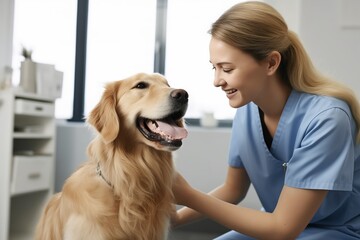 Female veterinarian smiling at a happy golden retriever in a clinic.